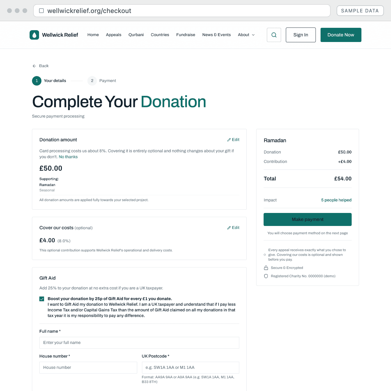 Donations: a real screen from the demo charity