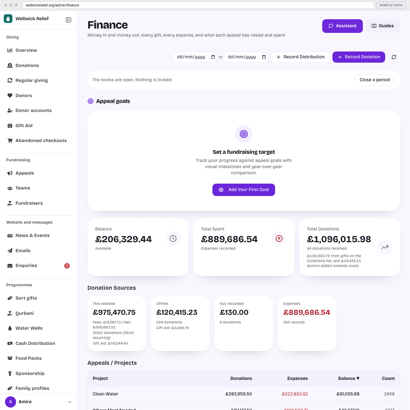 Money and Gift Aid: a real screen from the demo charity