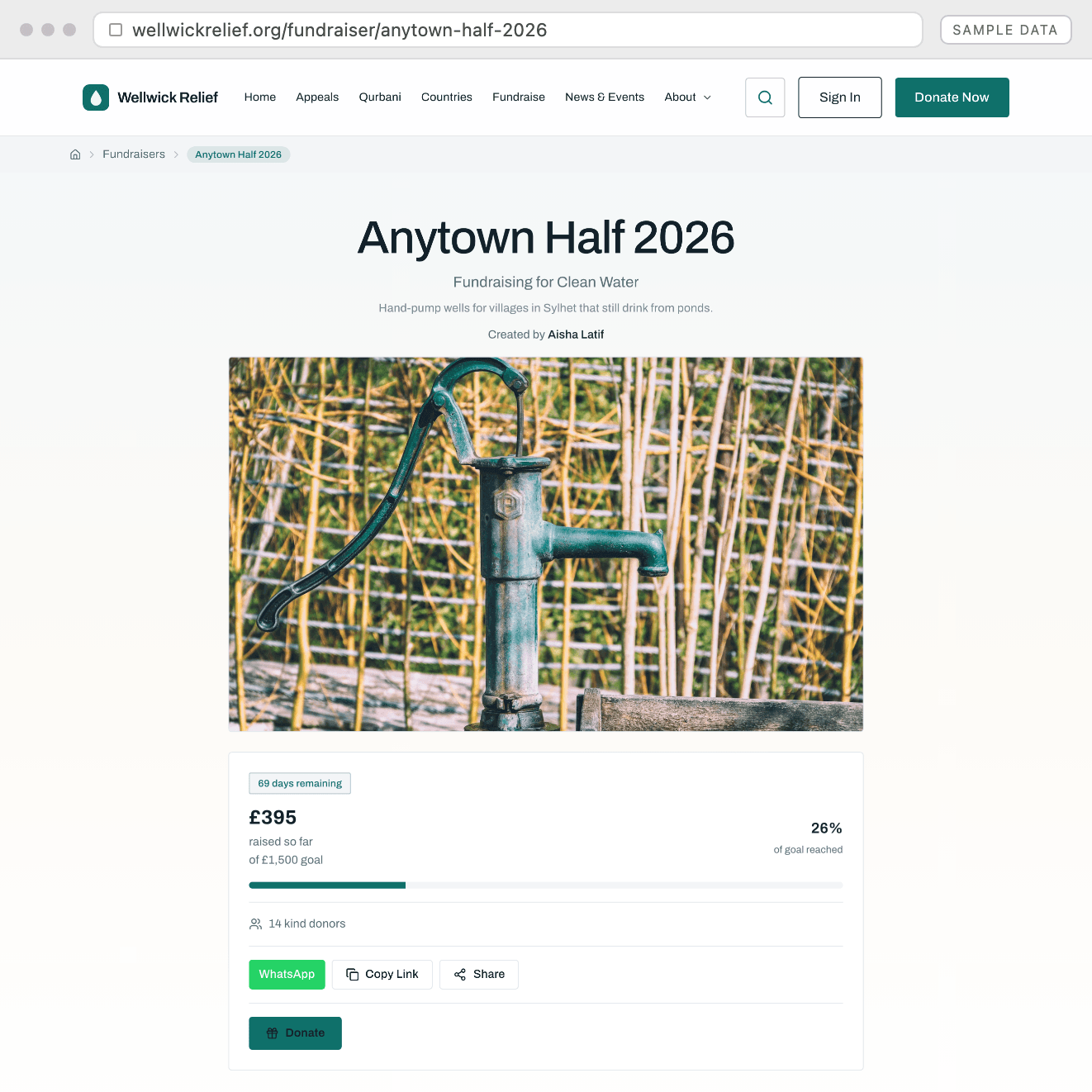 Supporter fundraising on your own domain. Their story and their target — but the traffic, the supporter records and the Gift Aid all come to you.