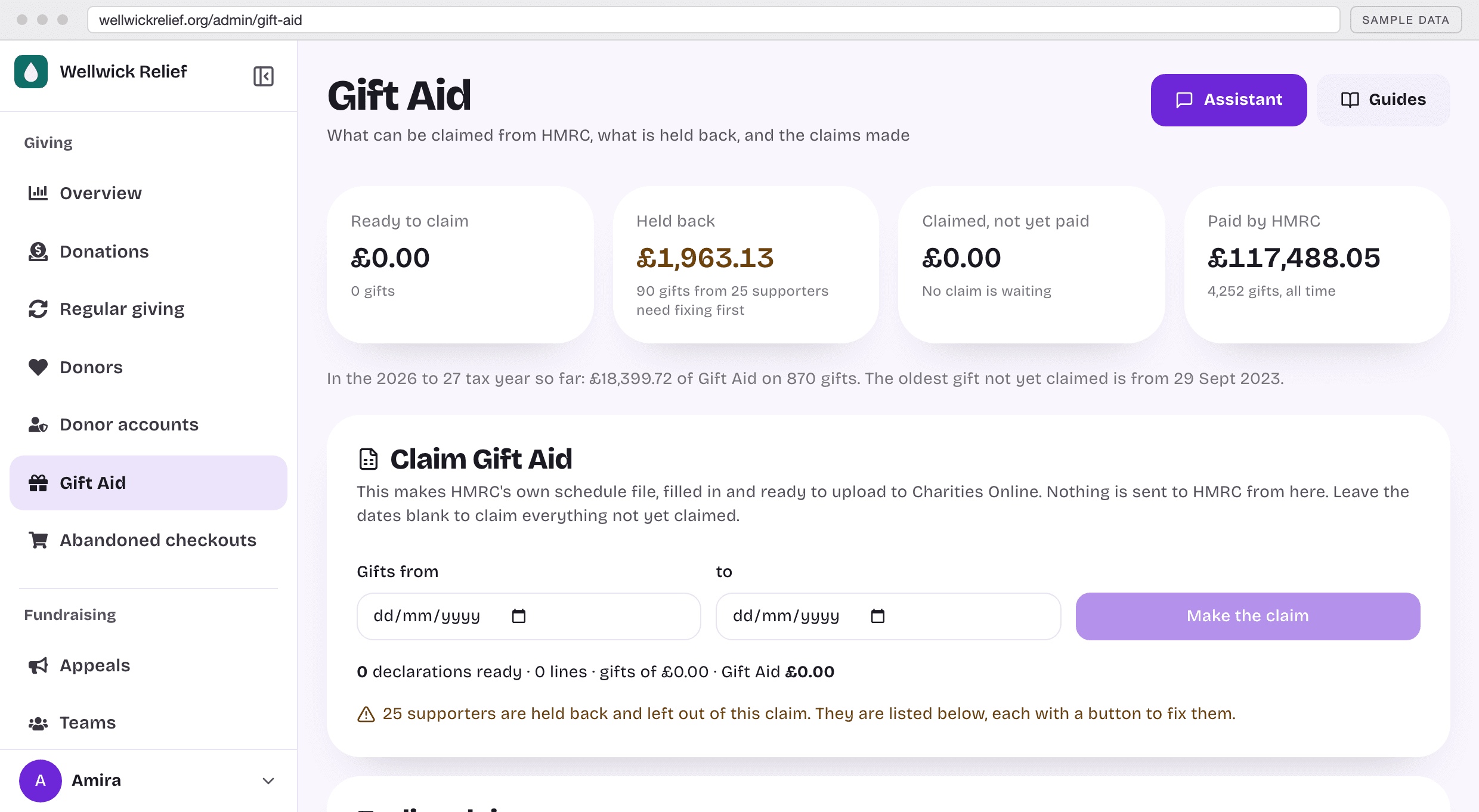 Your Gift Aid claim, assembled as you go. Declarations are captured at the point of giving, missing addresses are flagged, and the claim exports in the layout HMRC accepts.